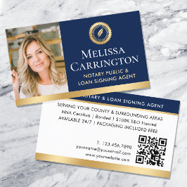 Elegantes Notar Public Foto QR Gold Navy Blue Visitenkarte