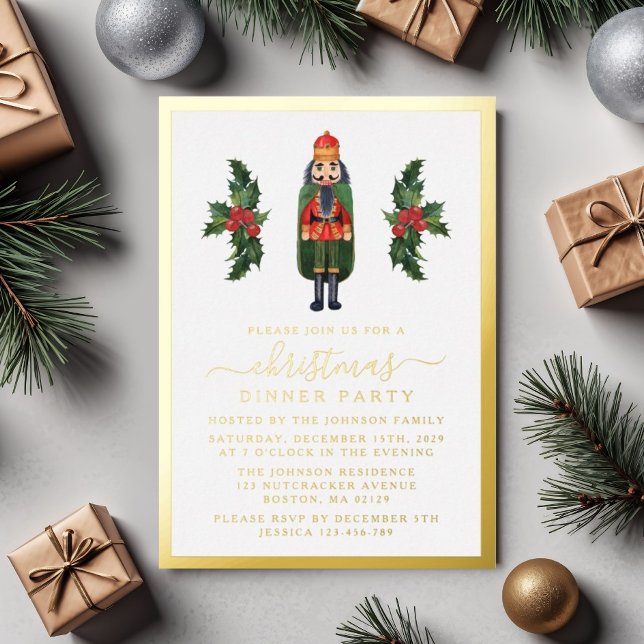 Elegantes Nutcracker Weihnachtsessen Party Gold Folieneinladung (Elegant Nutcracker Christmas Dinner Party Gold Foil Invitation)