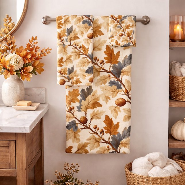 Elegantes Oak Leaf & Pinecone Herbstmuster Badhandtuch Set (Von Creator hochgeladen)