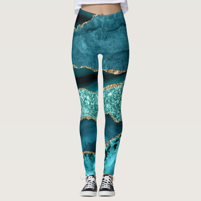 Elegantes Ocean Agate mit Aquamarinem und Gold Gli Leggings (Vorderseite)