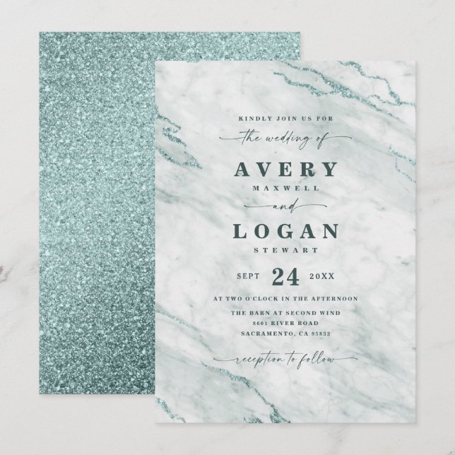 Elegantes Ocean Aqua Marble & Glitzer Hochzeit Einladung (Vorne/Hinten)