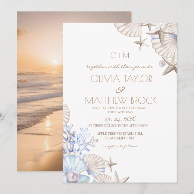 Elegantes Ocean Beach Foto Einladung zur Hochzeit (Vorne/Hinten)