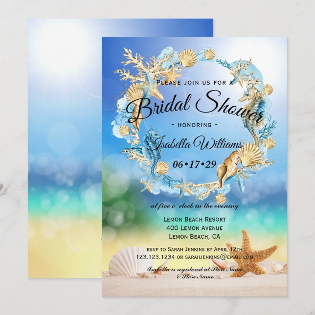 Elegantes Ocean Beach Starfish Muschel Brautparty Einladung (Vorne/Hinten)