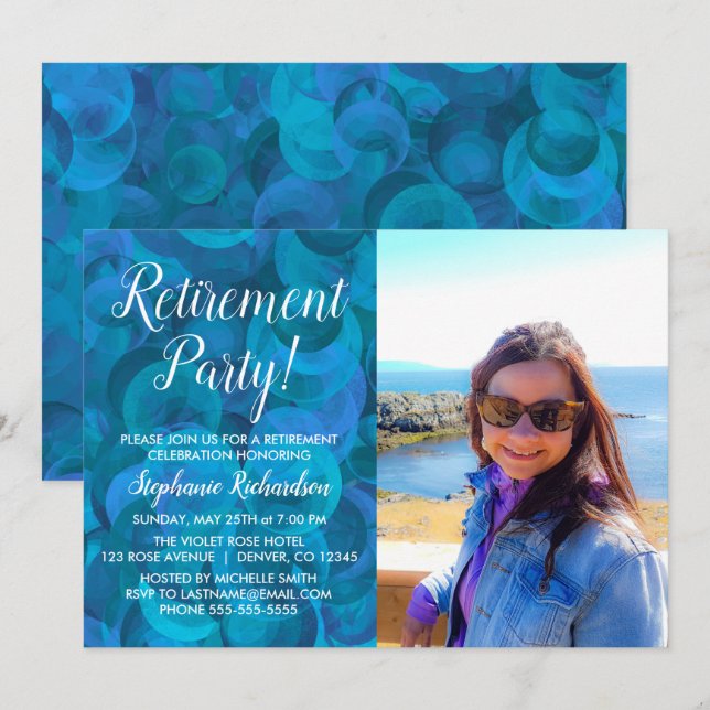 Elegantes Ocean Blue Foto Retirement Party Einladung (Vorne/Hinten)