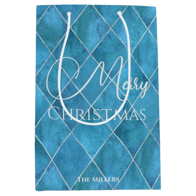 Elegantes Ocean Blue Raute Muster Frohe Weihnachte Mittlere Geschenktüte (Vorderseite)