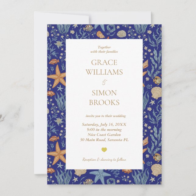 Elegantes Ocean Sea Gold Ultramarine Custom Weddin Einladung (Vorderseite)