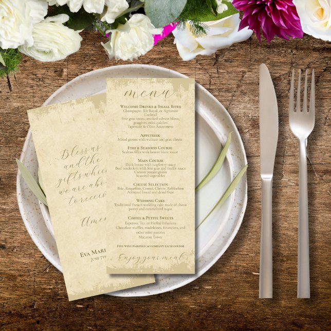 Elegantes Off-White-Grunge-Menü für Hochzeiten mit Menükarte (Von Creator hochgeladen)