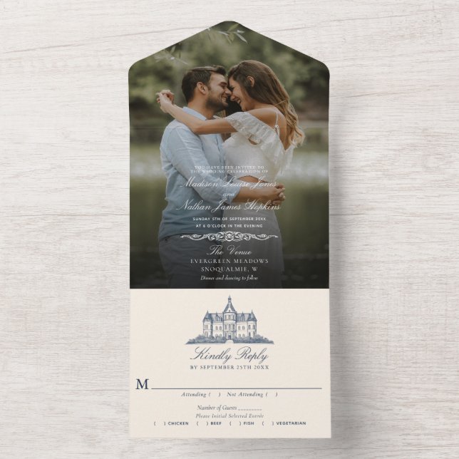 Elegantes Old Chateau Manor Wedding Foto All In One Einladung (Innen)