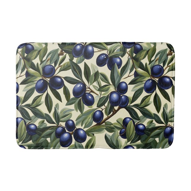 Elegantes Olive Branch Muster mit Deep Blue Olives Badematte (Vorderseite)
