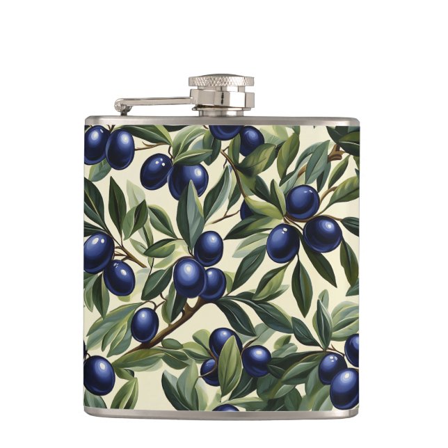 Elegantes Olive Branch Muster mit Deep Blue Olives Flachmann (Vorderseite)