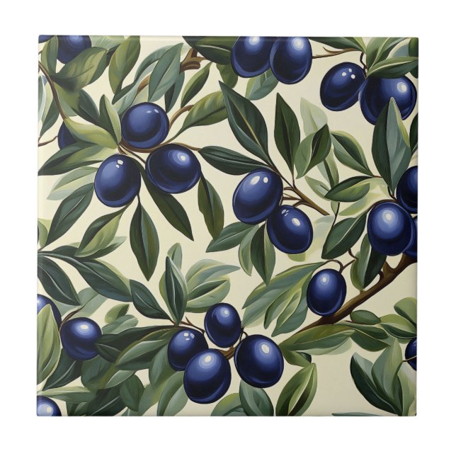 Elegantes Olive Branch Muster mit Deep Blue Olives Fliese (Vorderseite)