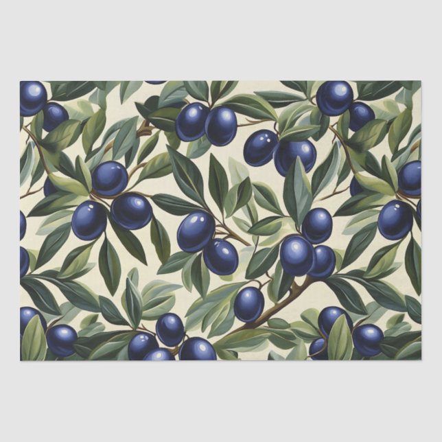 Elegantes Olive Branch Muster mit Deep Blue Olives Seidenpapier (Vorderseite)