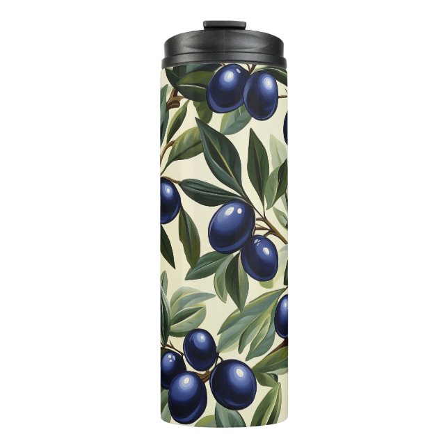Elegantes Olive Branch Muster mit Deep Blue Olives Thermosbecher (Vorderseite)