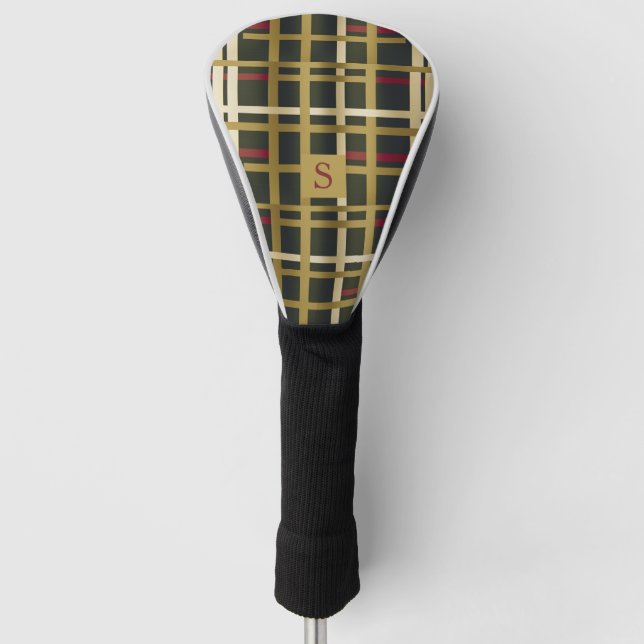 Elegantes Olive Green und Gold Classic Kariert Golf Headcover (Vorderseite)
