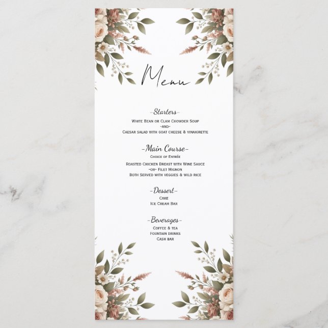 Elegantes Olive Green & White Floral Corner Menü Menükarte (Vorderseite)