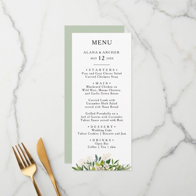 Elegantes Olive Greenerity Hochzeitliches Abendmen Menükarte (Vorderseite/Rückseite Beispiel)