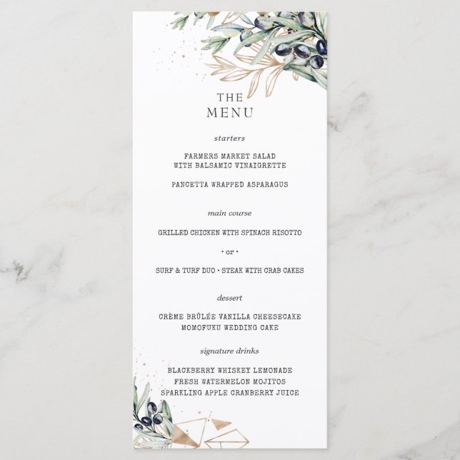 Elegantes Olive Grove Greenerity Gold Wedding Menü Menükarte (Vorderseite)