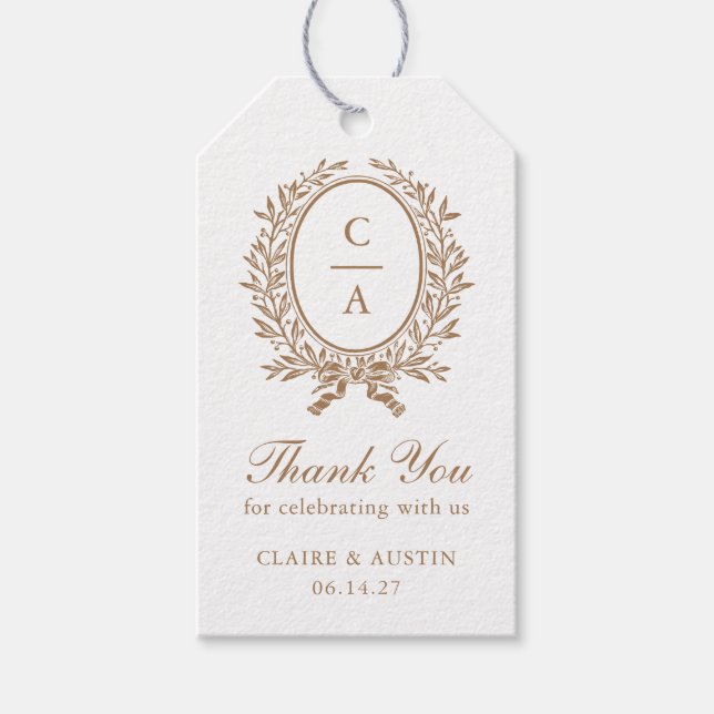 Elegantes Olive Leaf Wappen Gold Wedding Monogram Geschenkanhänger (Vorderseite)