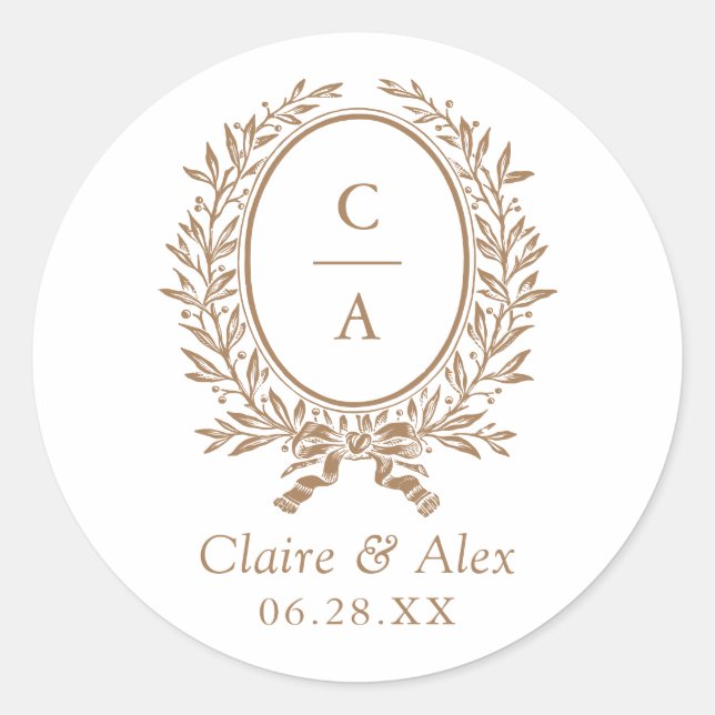 Elegantes Olive Leaf Wappen Gold Wedding Monogram Runder Aufkleber (Vorderseite)