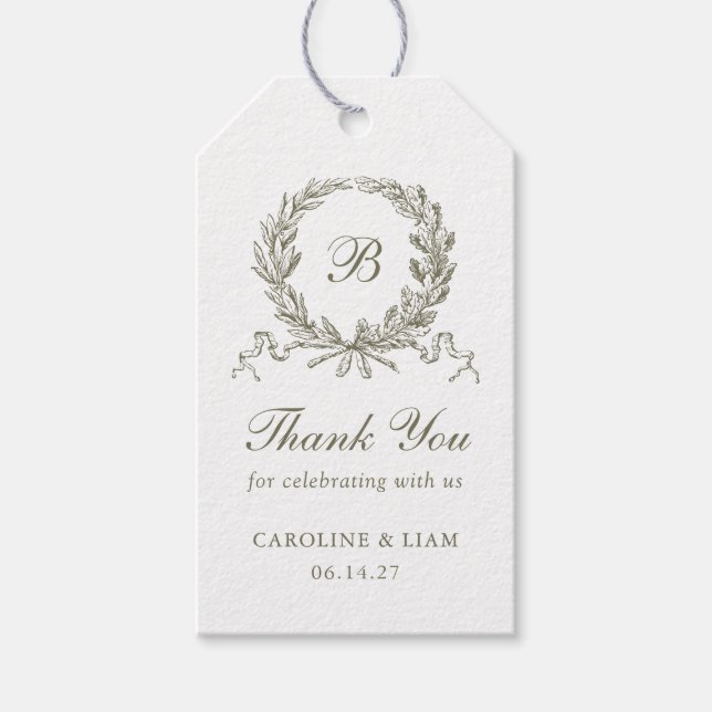 Elegantes Olive Oak Wappen Sage Wedding Monogramm Geschenkanhänger (Vorderseite)