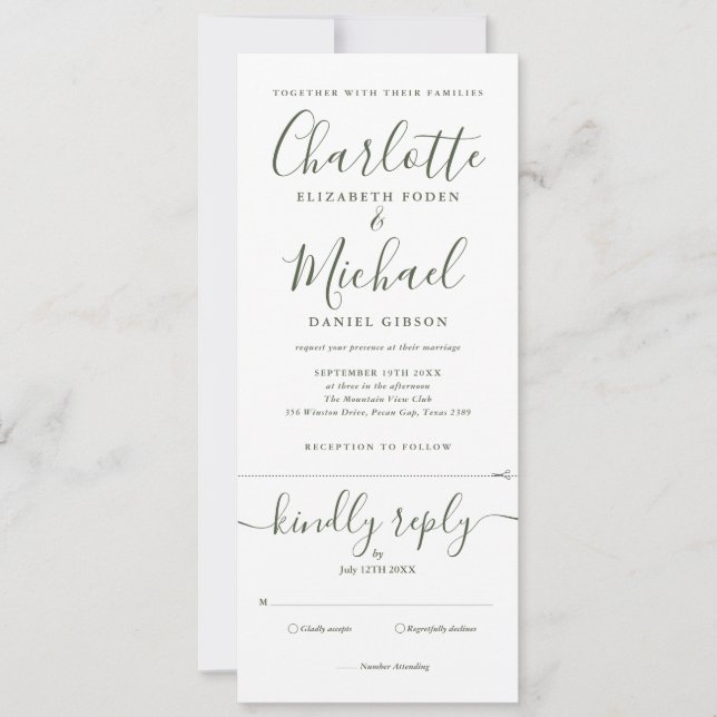 Elegantes Olive Script in einem Foto Hochzeit Einladung (Vorderseite)