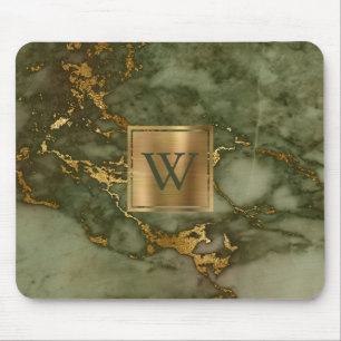 Elegantes Oliven Grün Marmor Gold Monogramm Mousepad