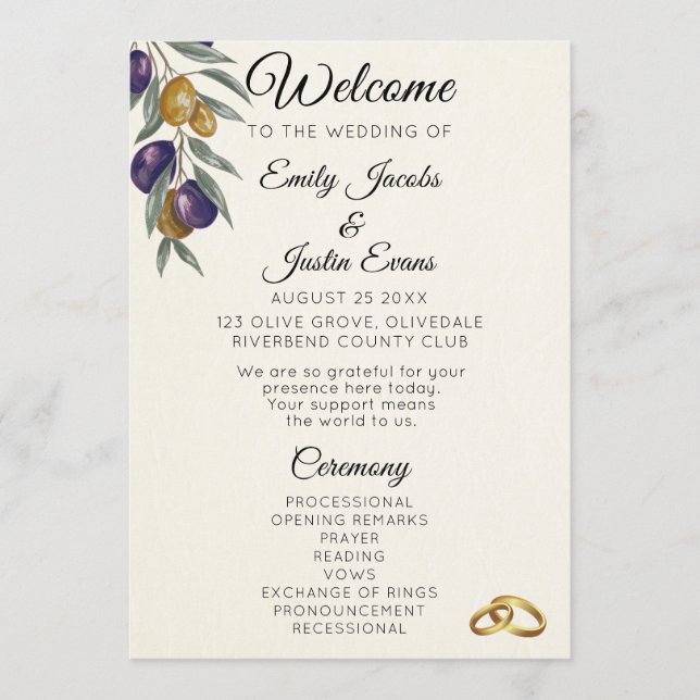 Elegantes Oliven-Wasserfarben-Hochzeitsprogramm Programm (Vorderseite)
