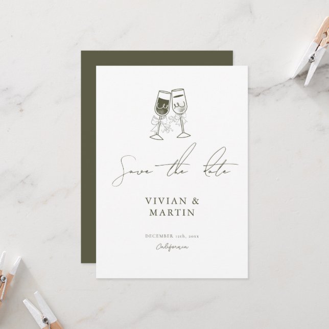 Elegantes Olivenholz Grün Save the Date Einladung (Vorderseite/Rückseite Beispiel)