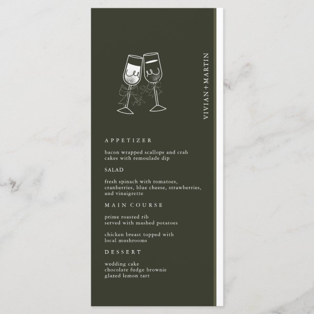 Elegantes Olivenholz Grüne Hochzeit Menükarte (Vorderseite)