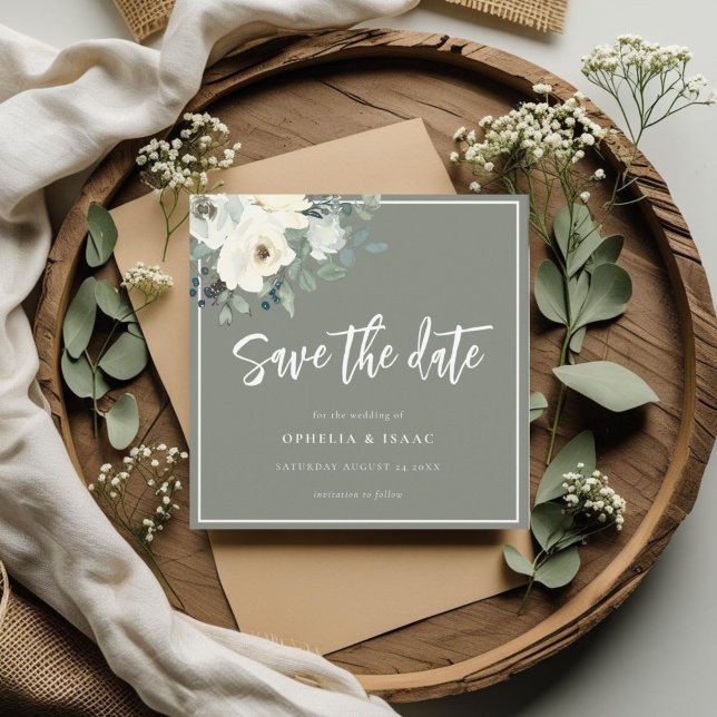 Elegantes Olivgrün-Blumenmuster  Save The Date (Von Creator hochgeladen)