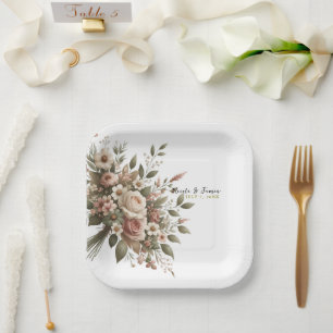 Elegantes Olivgrün- und Weiß-Blumen-Eckhochzeit Pappteller