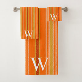 Elegantes Orang- und Braunstreifen-Muster-Monogram Badhandtuch Set