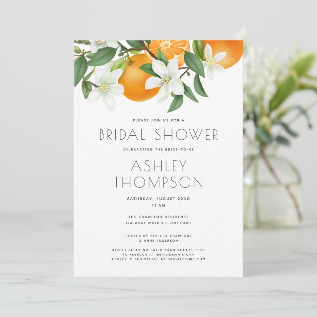 Elegantes Orange Blossom Foliage Brautparty Einladung (Stehend Vorderseite)