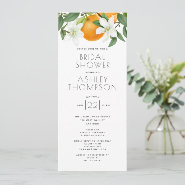 Elegantes Orange Blossom Foliage Brautparty Einladung (Stehend Vorderseite)