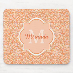 Elegantes Orange Damask Muster Monogramm und Name Mousepad