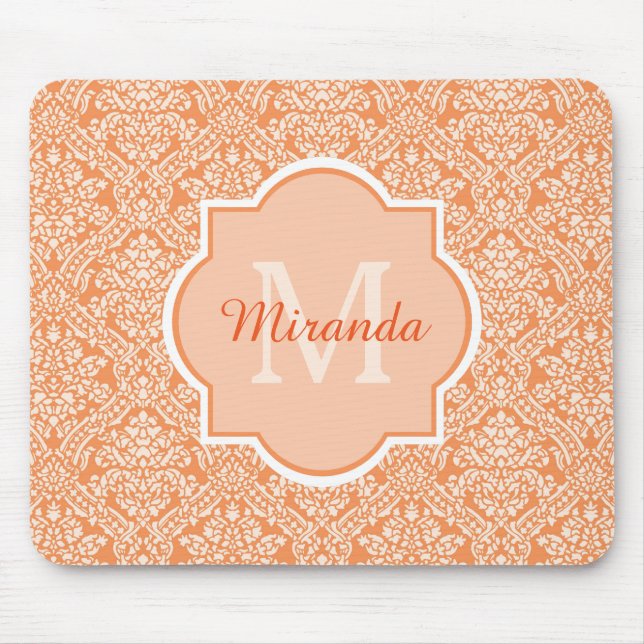 Elegantes Orange Damask Muster Monogramm und Name Mousepad (Vorne)