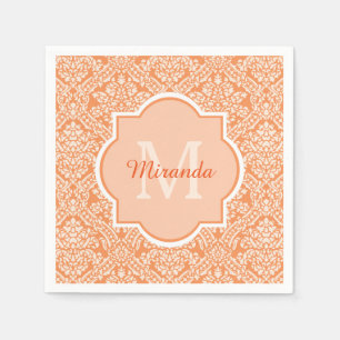 Elegantes Orange Damask Muster Monogramm und Name Serviette