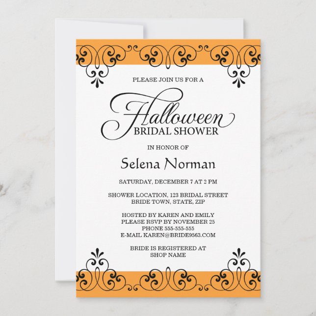 Elegantes orange Damast Halloween-Brautparty Einladung (Vorderseite)