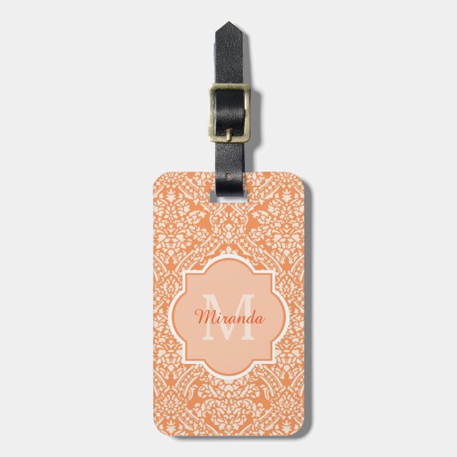 Elegantes orange Damast-Muster-Monogramm und Name Gepäckanhänger (Vorderseite vertikal)