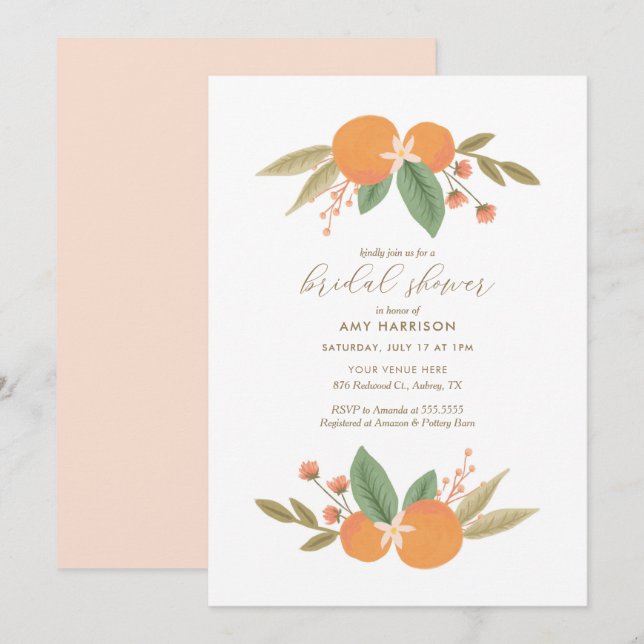 Elegantes Orange Floral Citrus Brautparty Einladung (Vorne/Hinten)