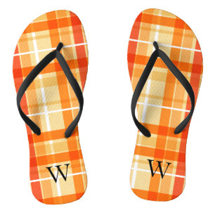 Elegantes Orange-Gelb-Tartan-Karo-Monogramm Flip Flops
