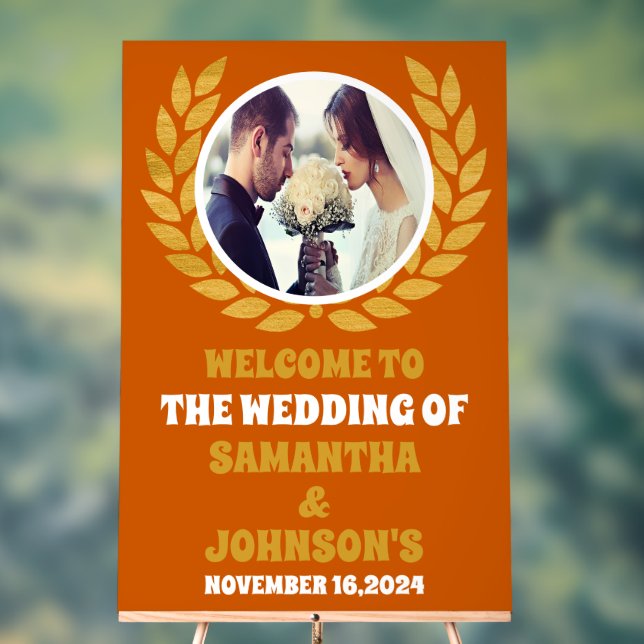 Elegantes Orange Gold Wreath Foto Hochzeit Willkom Acrylschild (Neutral)
