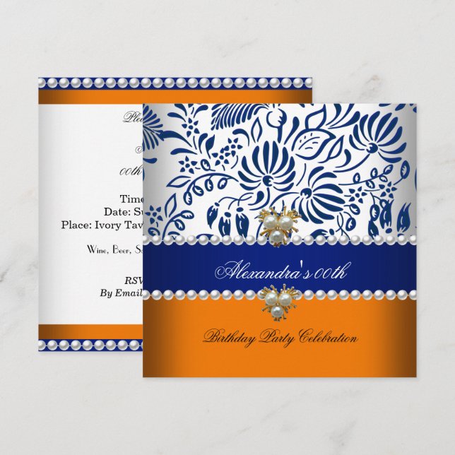 Elegantes Orange Navy Blue Damask Pearl Party 2 Einladung (Vorne/Hinten)
