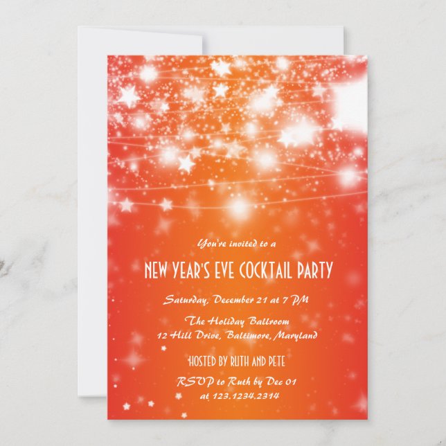 Elegantes Orange Silvester Party Shining Stars Einladung (Vorderseite)
