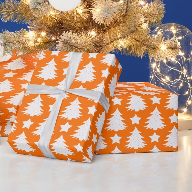 Elegantes Orange White Christmas Tree Muster Gesch Geschenkpapier (Feiertage)