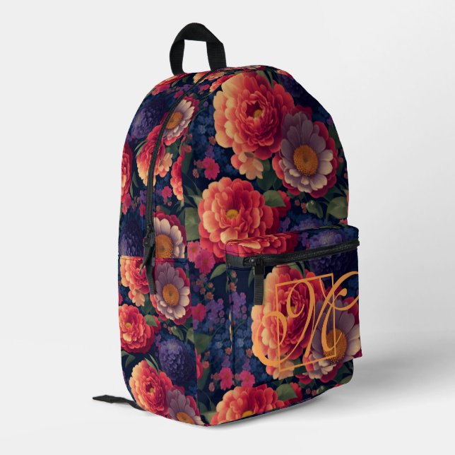 Elegantes orangefarbenes blumenromantisches Monogr Bedruckter Rucksack (Rückseitige Ecke links)