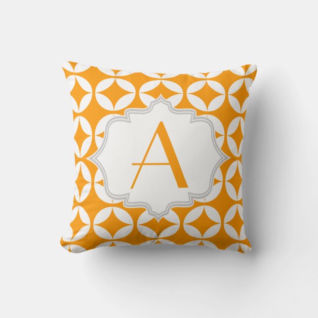 Elegantes orangefarbenes, weißes geometrisches Mus Kissen (Vorderseite)