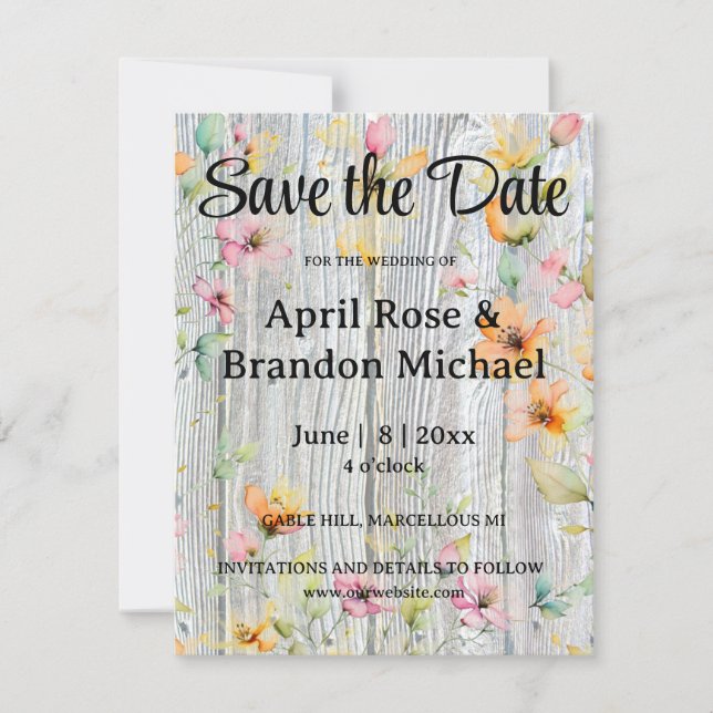 Elegantes Orangenholz mit Aquarellfarben-Wildblume Save The Date (Vorderseite)