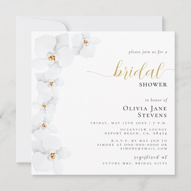 Elegantes Orchid Bridal Weißes Brautparty Einladung (Vorderseite)