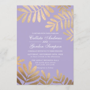 Elegantes Orchid Lila Gold Blätter Hochzeit Einladung
